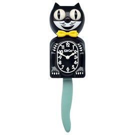 Kit Cat Klock Black Gold Bow Tie and Ocean Wave Tail Clock, Black/White/Yellow