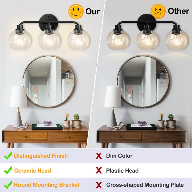 Bathroom Light Fixtures Black Vanity Light, 3 Light Modern Wall