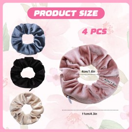 4 Stück Samt Scrunchies Damen mit Reißverschluss-Tasche, Elastische Haargummis für Mädchen & Frauen, Haarbänder mit Geheimfach für Geld & Wertsachen