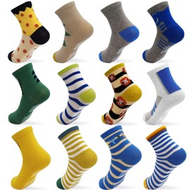 GRPSKCOS Toddler Non Slip Socks- 12 Pairs Anti Skid Kids Socks Cute Crew Grips Socks for Boys Girls Children（#3 Baby Crocodile, 3-5 Years）