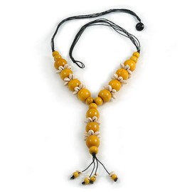 Avalaya Yellow Wood Bead with Sea Shell Element Tassel Black Cord Necklace - 70cm L/ 15cm Tassel