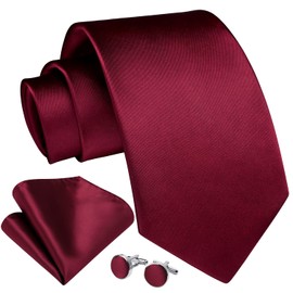 Enlision Men's Tie Wedding Ties Tie and Pocket Square Cufflinks Set Silk Paisley Silk Tie with Handkerchief Plain in Various Colours, H-Burgundy