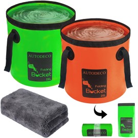 AUTODECO 2 Pack Collapsible Bucket 5 Gallon Container Folding Water Bucket Portable Wash Basin for Outdoor Travelling Camping Fishing Gardening Car Washing Orange and Dark Green 20L