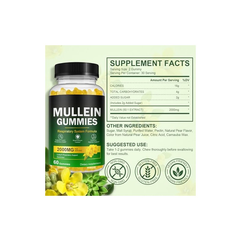 Mullein Gummies - Mullein Leaf Extract for Lungs, Mullein Leaf
