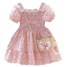 Balatale Toddler Girls Summer Smocked Floral Dress Casual Square Neck Puff Sleeve Ruffle A Line Midi Dress Pink 4-5T