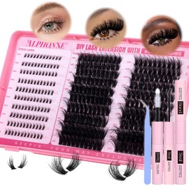 Fluffy Lash Clusters Kit with Bottom Lashes 320pcs Cluster Eyelash Extensions Kit Volume Individual Lashes Kit with Lash Bond and Seal Tweezers by ALPHONSE (150D+200D, 12-20mm)