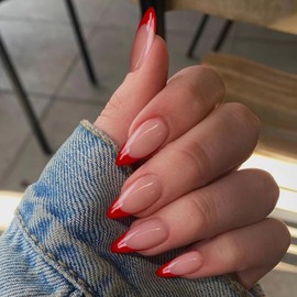 MISUD Press on Nails - Medium Almond Glue on Nails with Red French Tip, Acrylic Stiletto Design 24 pcs