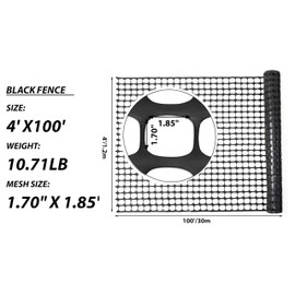 PotatoLife Plastic Mesh Fence Safety Fence, 4'x100' Roll with 100 Zip Ties, Resuable Temporary Netting for Garden Fencing, Construction, Snow Fencing, Animal Barrier, Poultry, Deer, Patio, Black