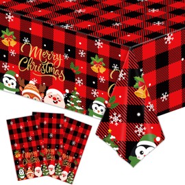 3 Pieces Merry Christmas Tablecloth - 54"x108" Disposable Red and Black Checkered Plastic Table Cover with Santa and Snowflakes for Christmas Dinner Party Supplies, Winter Seasonal Decorations