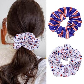 2PCS Independence Day Hair Scrunchies for Women, 4th of July Star Firework Stripe Design Silk Hair Bands Soft Elastic Rubber Hair Ties Ponytail Holder Silk Hair Rope for Patriotic Festival Party Decor