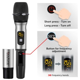 Boytone BT-26UM UHF Wireless Microphone Handheld Dynamic Microphone with 30 Different Frequency Wireless Mic System for Karaoke Nights and House Parties, Audio Mixer, PA System, Speakers