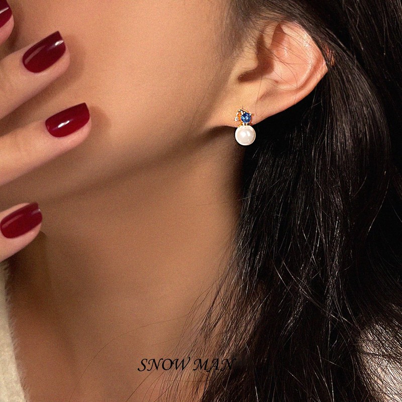 Pearl Stud Earrings for Women 18K Gold Plated Blue Zirconia