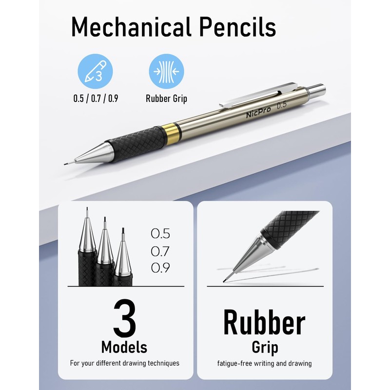 Nicpro Gold Art Mechanical Pencil Set, Metal Drafting Pencil 0.5,