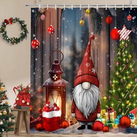 Christmas Gnome Shower Curtain Lovely Cute Gnomes Xmas Tree Gifts Star Snowflake Winter Holiday Rustic Bathroom Decor Polyester Fabric Curtains with Hook 70Wx70H Inches