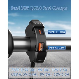 WUPP Motorcycle Dual USB Charger Waterproof, USB QC3.0 Type-C 30W PD Fast Car Charger Power Adapter Charger for Phones/Tablets/GPS, CS-1944B1