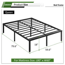 EMODA Queen Bed Frame No Box Spring Needed 18 Inch Heavy Duty Metal Tall Platform Bed Frame Queen Size with Large Storage Space, Easy Assembly, Black