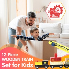 Leo & Friends 12-Piece Wooden Train Set for Kids, Perfect for Preschoolers or Kid’s Birthday Present | Includes Train Cars, Wagons, Freight Trucks, Magnet Connectors, Made with Non-Toxic Wood