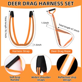 CraftyDream Deer Drag and Dual Harness Field Hunting Butt Cleaning Tool with 12 Pairs Field Dressing Gloves, Heavy Duty Deer Drag Strap with Handle Reflective, for Elk Caribou Moose Antelope