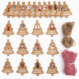LOKIPA Christmas Tree Gift Tags,120 Pieces Xmas Kraft Paper Gift Label Parcel Present Hanging Tags with 230 Feet String Twine