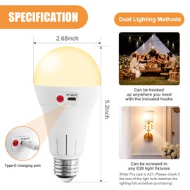 Vitnucrol 4 Pack Rechargeable Light Bulbs with Remote, E26 Wireless Battery Operated Light Bulb for Lamps, 2600mAh Dimmable Timer A21 Standard Emergency LED Light Bulbs for Power Outages,7W, 300LM