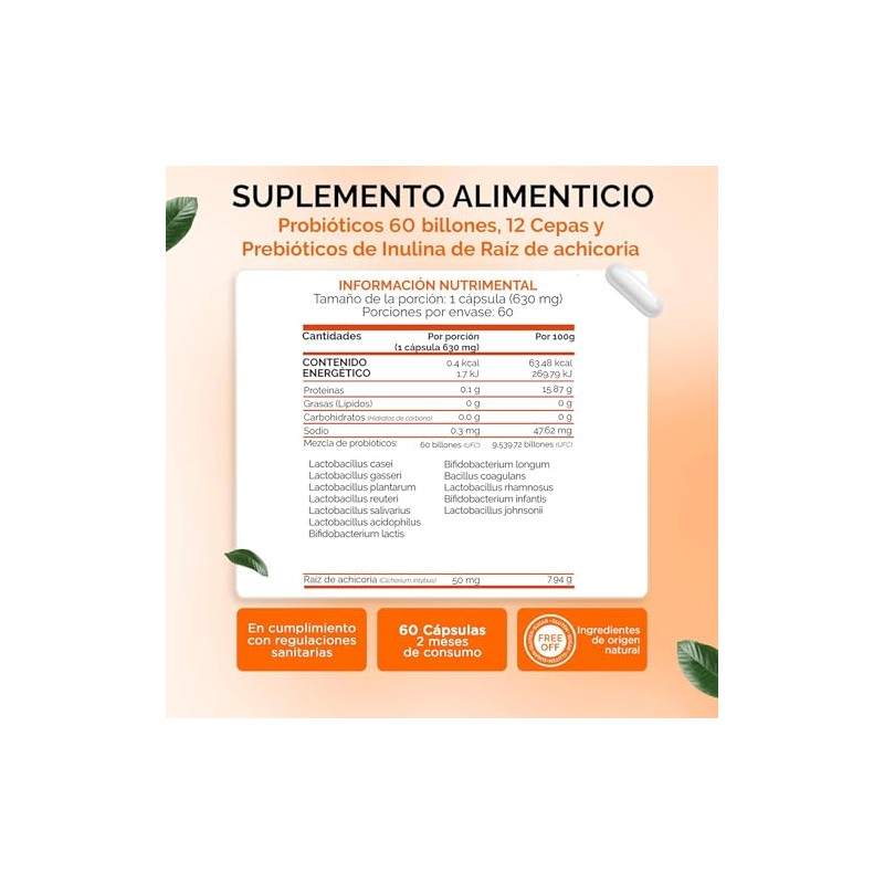 Probioticos 60 Billones de 12 Cepas + Prebioticos con Inulina