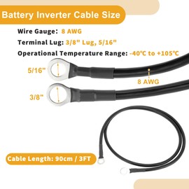 Partuto 1 Pc 8 AWG Gauge Universal Battery Inverter Cable for Car Vehicle Boat RV Solar Battery Cable Tinned Copper Black 3FT 3/8" Lug 5/16" Lug