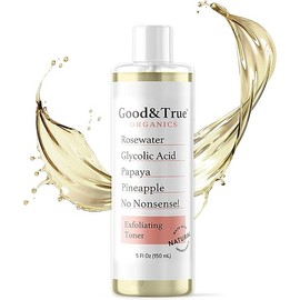 Good & True Organics Exfoliating Toner, Glycolic Acid, Papaya & Pineapple Enzymes, Rose Water for Smooth Skin - Removes Impurities, Hydrates & Balances,Gentle for All Skin Types, 5 fl oz