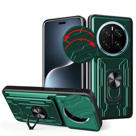 carinacoco Case for Honor Magic 7 Pro/Magic7 Pro 5G, with Slide Camera Cover+Rotating Finger Ring Stand+Removable Card Holder, Soft TPU+Hard PC Anti-Scratch Shockproof Rugged, Green