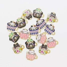 16Pcs Dainty Jewelry Charm Teacup Cat European Pedants Colorful Printed Enamel Charms Womens Cute Charms Bulk Anime Cat Charms For Girls diy Crafts Bracelets Earrings Necklace Anklet Charms Cat