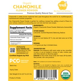 Iyasa Holistics Organic Chamomile Flower Powder, Food Grade for Baking, Cooking, Tea, Summer Drinks, DIY Skin and Hair Care Products, Natural Face Packs, Face Mask 16 oz, 453 gm