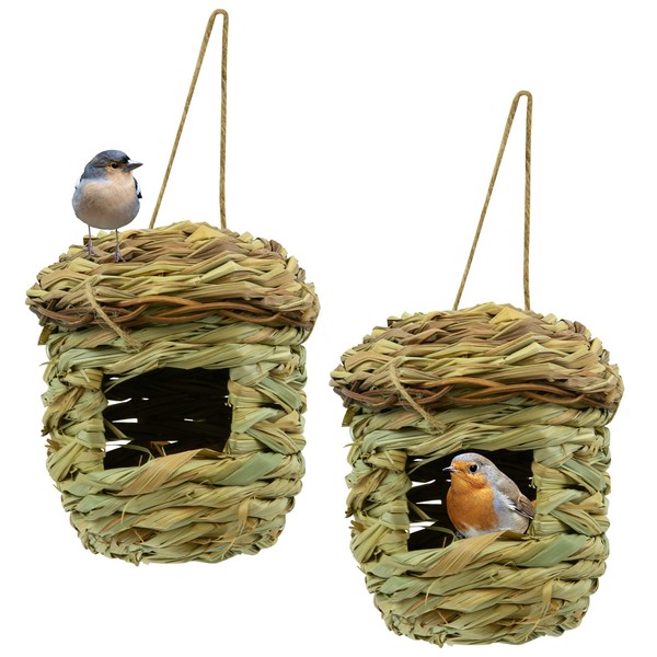Woodside Hanging Bird Box/Nest for Small Songbirds/Hummingbird, Outdoor Garden Bird House, Natural Materials, Pack of 2