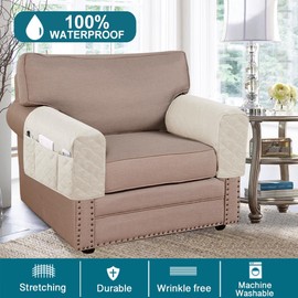 Turquoize 2 Pack Waterproof Armrest Covers for Chairs and Sofas - Couch Arm Covers with Side Pocket Anti-Slip Furniture Protector Washable Armrest Slipcovers, Ivory