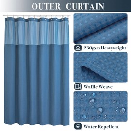 N&Y HOME Waffle Weave Shower Curtain with Snap-in Fabric Liner & Hooks Set - Hotel Style, Water-Repellent & Washable, Heavyweight Fabric & Mesh Top Window - 71x72, Moonlight Blue