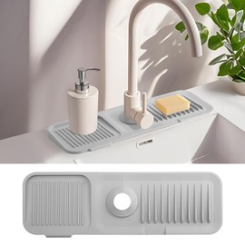 AIZOE Sink Water Splash Guard, Sink Faucet Mat Splash Guard, 17.7 inch, Silicone Faucet Handle Drip Catcher Tray Mat, Tap Drain Pad for Kitchen & Bathroom Countertop Fast Drying, Sponge Holder, Gray