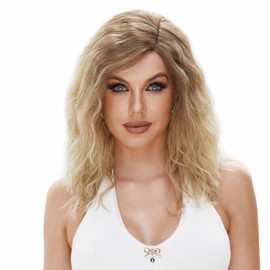 Ombre Blonde Natural Wave Short Women Lace Front Synthetic Wigs 6X4X0.5 T-Part Lace Wig Middle Length Curly Wigs with 180 Density Side Part Synthetic Hair for Womens Ladies Daily Used 18inch