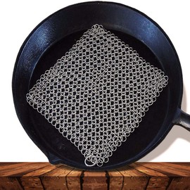 Washieldz Stainless-Steel Cast Iron Skillet Cleaner for Cookware, Pot and Grill | Premium Chainmail Scrubber with Hanging Ring 6"x8" Square (Pack of 1)