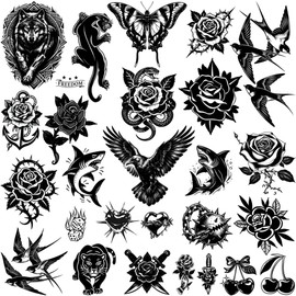 Black Temporary Tattoos Set, Old School Style, 12 Sheets
