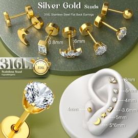 JeweBella 9 Paar 316L Chirurgenstahl Ohrringe Damen Hypoallergene Flatback Ohrringe Set Conch Tragus Helix Knorpel Piercings Ohr Klein Creolen Ohrstecker Damen Gold Silber