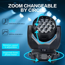 Iverens Moving Head Light 19x15W Stage Lights RGBW 4 in 1 Led Stage Lights DMX512 Control Wash Zoom Beam Effect DJ Lights for Parties Live Show Wedding Club