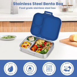 Pawtong Stainless Steel Bento Lunch Box for Kids | 3-Compartment Lunch Box Container Kids | 100% Leakproof, Dishwasher-Safe, Eco-Friendly, Perfect Portion Control for Kids&Adult Healthy Meals (Blue)
