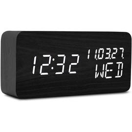 Pokanic Wood Digital Alarm Clock Desk Time, Date(MM/DD/YY), Day of The Week, Temperature, Nightlight Large LED Display Portable Lamp Bedroom, Office, School, Home, Livingroom, Room (Black)