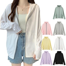 [SHANLIANG] ラッシュガード レディース パーカー 接触冷感 UVカット 水着 体型カバー ラッシュパーカー 長袖 涼しい UPF50+360度紫外線対策 大きいサイズ 日焼け対策 通気性 吸汗速乾 軽量 フード付き 紫外線対策 夏 薄手 可愛い おしゃれ (JP, アルファベット, L, ホワイト)