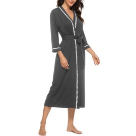 Vlazom Womens Dressing Gown Soft Kimono Robe V-Neck Long Knit Bathrobe Nightwear Sleepwear for All Seasons, Dark Grey, XL