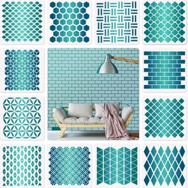 12 Sets Geometric Honeycomb Stencils Art Painting Templates Stencils for Scrapbooking Drawing Tracing DIY Furniture Wall Floor Decor, 7.87 x 7.87 Inch