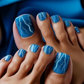 Spring Toe Press on Nails Short Square Fake Toe Nails Blue Glue on Toe Nails with Lightning Design Glossy Full Cover Stick on Toe Nails Reusable Artificial Acrylic False Toe Nails Kit for Women Girl