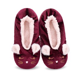 DICUIRD Womens Cozy&Warm Animal Slipper Socks with Grippers-House Socks(Wine Cat, 8-10)