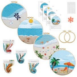 ElasignShopo 4 Set Ocean Embroidery Kit for Beginners Adults Embroidery Starter Kit Ocean Beach Patterns Hand Crewel Embroidery Kit Cross Stitch Kits Includes Instruction 2 Hoops Color Threads Needles
