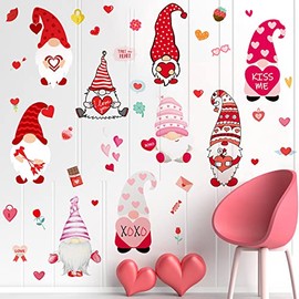 9 Sheets Valentines Day Decor Gnome Wall Stickers Valentines Wall Decals Heart Gnomes Window Stickers Gnomes Wall Vinyl Stickers for Living Room Bedroom Home Art Decor