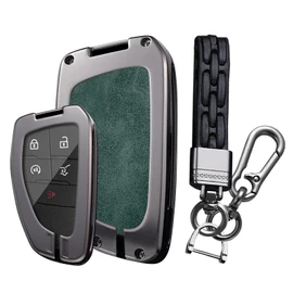 TECART 3/4/5/6 Button Key Fob Cover with Keychain Fit for Buick Envision Avenir 2024 For Chevy Suburban Tahoe car key holder, Metal Braid Keychain-dark Green