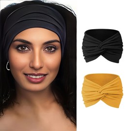 Yyyuluo Headbands for Women, Set of 2 - Extra Wide Turban Headwrap Made of Soft Fabric, Elastic Boho Hair Bands as Hair Accessories, Twist Knot Design for Women and Girls (Black + Yellow)